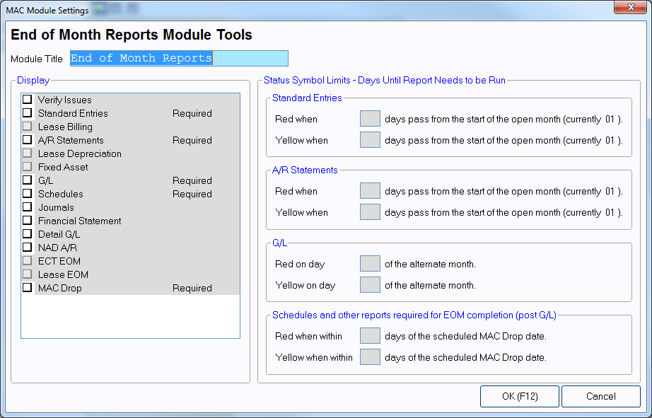 End of Month Reports Module Window