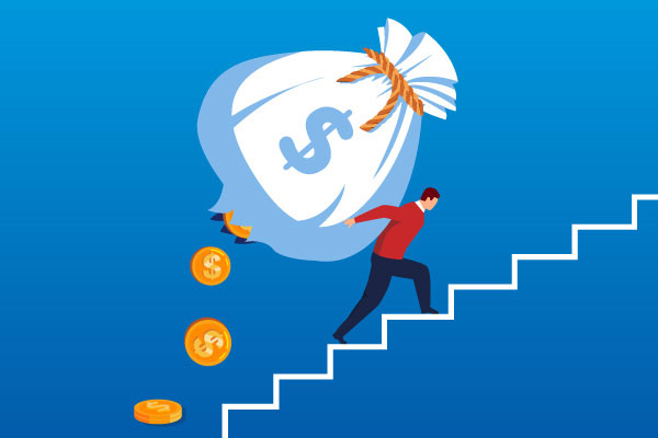 Man climbing stairs with money pile