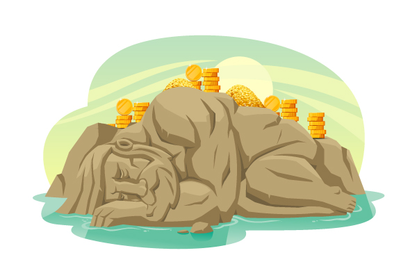 Mountain of sleeping giant with coins on top