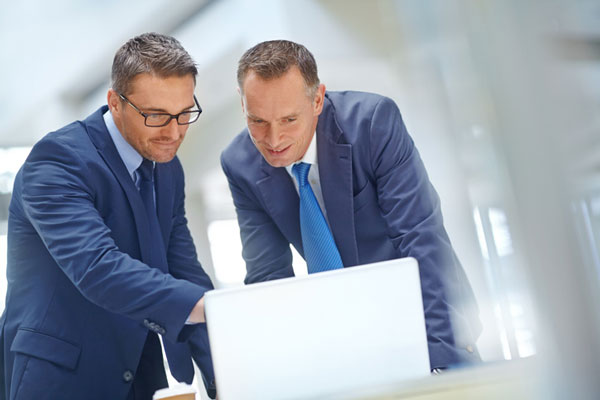 Gentlemen pointing to computer monitor