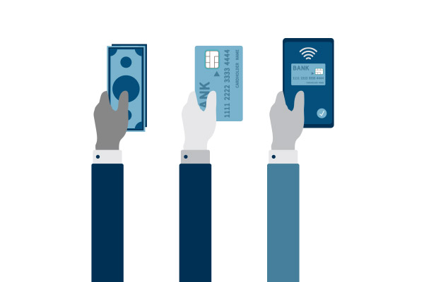 Three illustrative hands holding different payment methods.