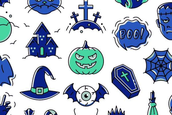 pumpkin, haunted house, bat, witch hat, and other Halloween icons