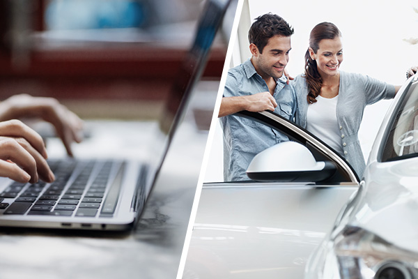 Computer on left, couple looking at car on right