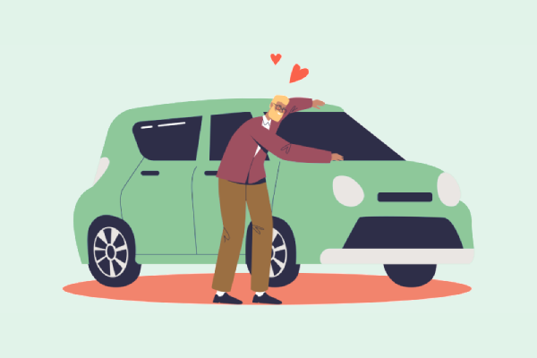 illustration on a man hugging his car