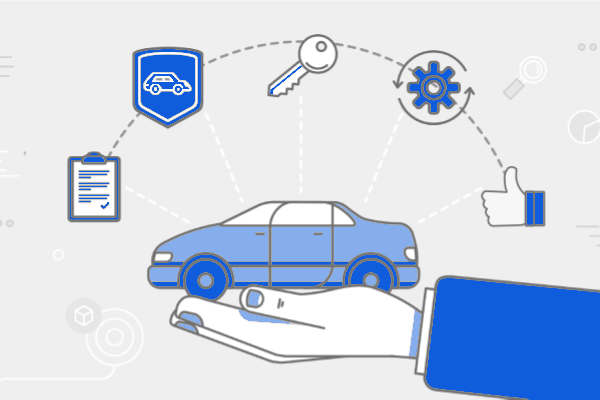 illustration of a hand holding a car with icons floating around it