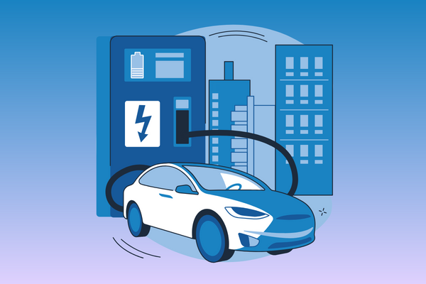 Electric vehicle illustration at a blue and purple charging station.
