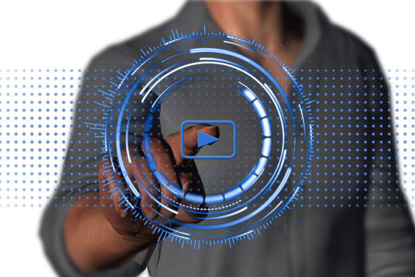 Image of man pressing blue digital "play" button on video.