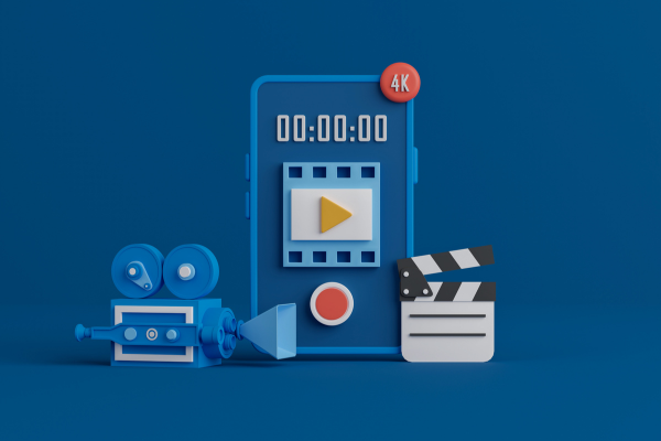Illustrated video icons in blue.