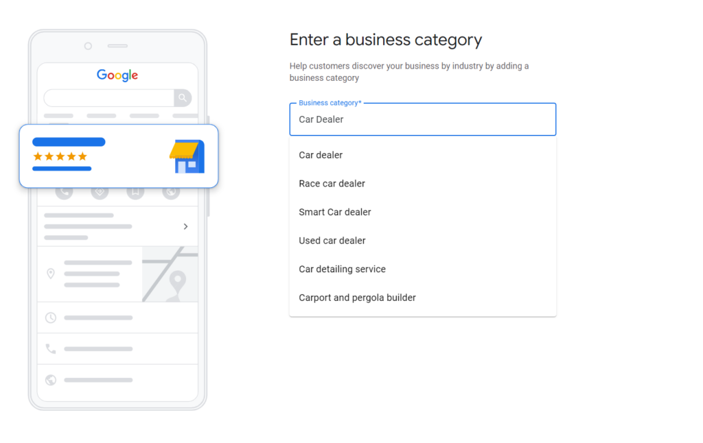 Google Business Profile category search