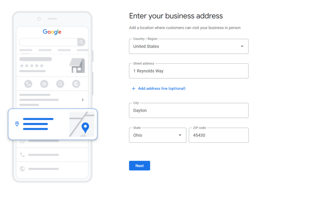 Google Business Profile enter business address