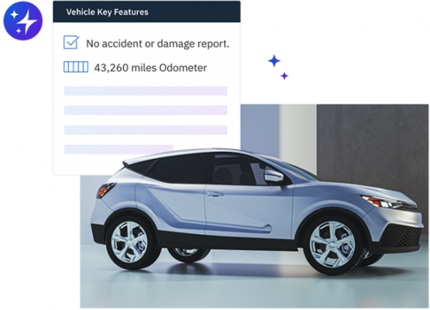 Image of a car with Information about it highlighted above the image.